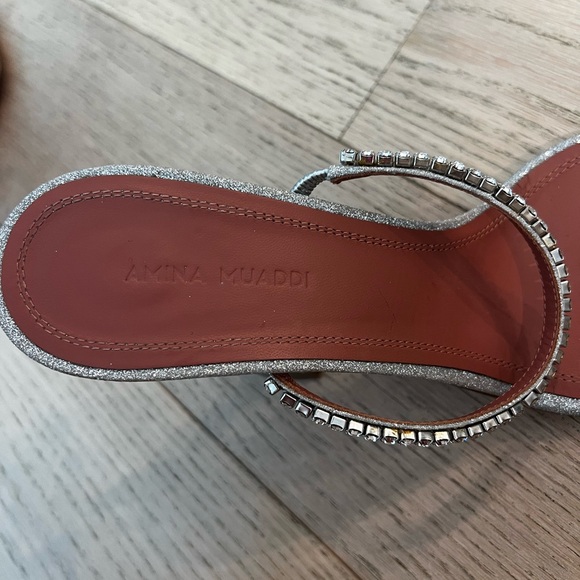 Amina Muaddi silver glitter and rhinestone heeled sandal 38 - Picture 12 of 16